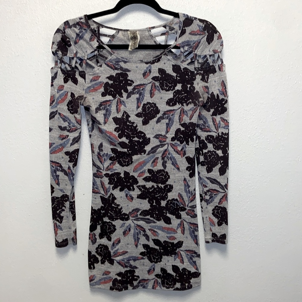 Free People Gray Floral Bodycon Stretchy Mini Dress 3072